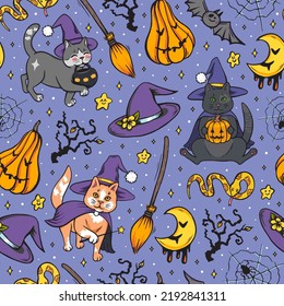 Gatos brujos de Halloween patrón sin fisuras en estilo de arte pop, textura de brujería dibujada a mano con escoba, calabaza, serpiente, luna y gatitos