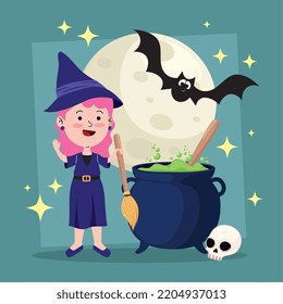 halloween witch with cauldron and bat