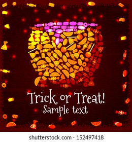 Halloween witch cauldron with boiling potion silhouette from candies and sweets on the grunge background with place for your text. Vector. 
