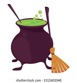 halloween witch cauldron with broom vector illustration design