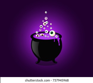 Halloween witch cauldron with bubbling purple goo and boiling eye balls. Vector illustration, clip art.