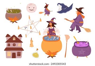 Halloween witch in cauldron, building and ghost creepy characters flat cartoon icons set. Vector illustration of full moon, alchemy star and burning candle, hat and potion