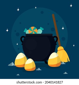 halloween witch cauldron and candies scene