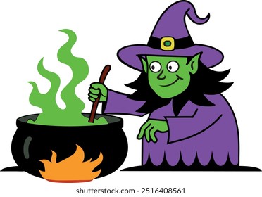 Halloween witch cauldron cooking, witches brew vector illustration on white background.