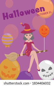 Halloween witch with cauldron with eyeballs, cartoon character comic vector illustration, Asian style, vertical poster