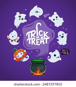 Halloween witch cauldron with flying kawaii ghosts for trick or treat holiday, vector banner. Halloween horror night party background with cute spooky boo and ghoul ghosts in pumpkin costume