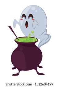 halloween witch cauldron with ghost vector illustration design