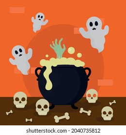 halloween witch cauldron and ghosts scene
