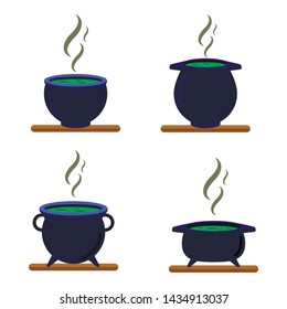 Halloween witch cauldron with green goo. Black witch pot cauldron. Halloween vector illustration, set, con, sign, witch symbol. Set of the black iron cauldron isolated on white.