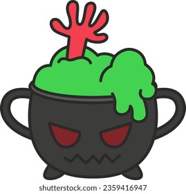 Halloween witch cauldron with green potion, cartoon vector illustration.
