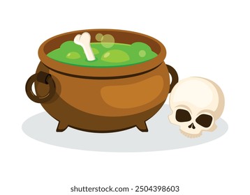 Halloween witch cauldron with green potion vector illustration. Witch's cauldron and human skull icon vector isolated on a white background. Spooky halloween decoration drawing