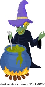 halloween witch with cauldron. Cauldron with green potion on fire. Vector illustration