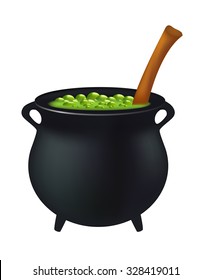 Halloween Witch cauldron with green potion, bubbling witches brew. Realistic Vector illustration isolated on white background.