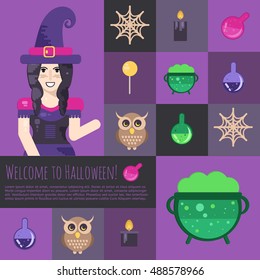 Halloween witch with cauldron icons and buttons set. Flat style vector illustration for halloween party. Icons for web, mobile,  party invitations, sale, advertising.