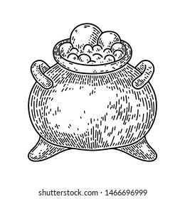 Halloween witch cauldron isolated on white background. Old vintage style hand drawing engraved. Design element for banner, menu, poster, web. 