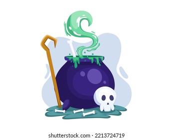 Halloween Witch Cauldron With Magic Green Smoke. Halloween magic pot with green potion. Happy Halloween Illustration Cartoon. Can be used for banner, web, postcard, greeting card, etc