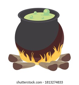 halloween witch cauldron pot in campfire vector illustration design