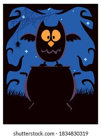 halloween witch cauldron pot with owl scene vector illustration design