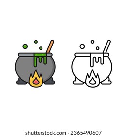 

Halloween witch cauldron with potion and bubbles. Black pot cooked with magic potion, with stylish color stripes and lines isolated on white background
