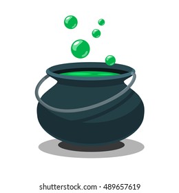 Halloween witch cauldron with potion and bubbles isolated on white background. Black pot with magic brew in flat style