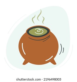 Halloween witch cauldron with potion isolated on white background. Brown leprechaun pot, clay pots. Vector stock illustration in flat style.