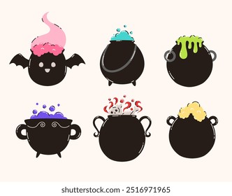 Halloween Witch Cauldron Set. Flat vector illustration.