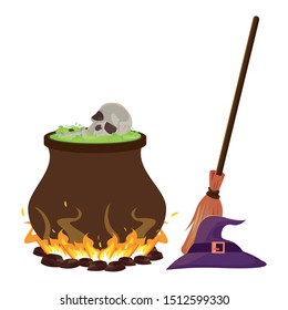 halloween witch cauldron with skull head and broom vector illustration design