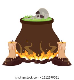 halloween witch cauldron with skull head and candles vector illustration design