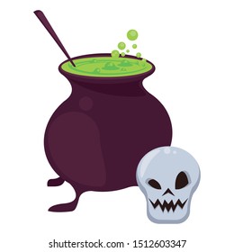 halloween witch cauldron with skull vector illustration design