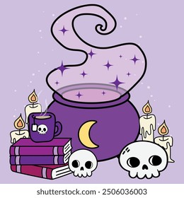 Halloween Witch Cauldron with Skulls, Spell Books, and Candles - Cute Spooky Decor hand drawn Clipart Illustration for Witchcraft, Gothic, Mystical, and Enchanted Aesthetic Art