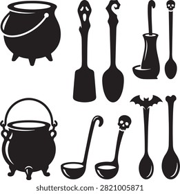 Halloween witch cauldron and spooky utensils.