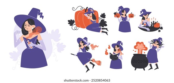 Halloween Witch Character Set in flat style