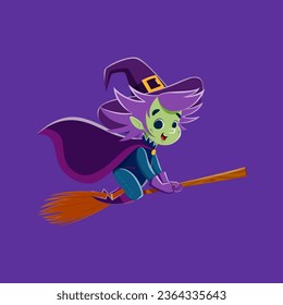 Halloween witch character soars astride her broomstick, casting spells and spreading enchantment on all hallows eve. Isolated cartoon vector personage of cute hag with green face flying on broom