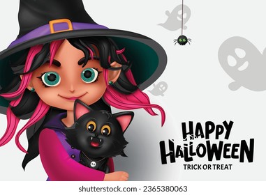 Halloween witch character vector design. Happy halloween greeting text with cute beautiful witch girl costume for kids party trick or treat celebration. Vector illustration holiday seasonal invitation