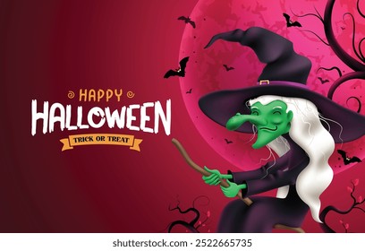 Halloween Hexe Charakter Vektordesign. Glücklicher Halloween-Trick oder behandeln Text in gruselig rot leeren Raum Hintergrund mit Hexencharakter fliegen und halten Besen Element. Vektorgrafik unheimlich 