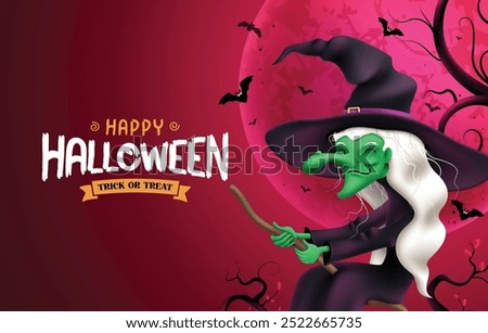 Halloween witch character vector design. Happy halloween trick or treat text in creepy red empty space background with witch character flying and holding broom element. Vector illustration spooky 