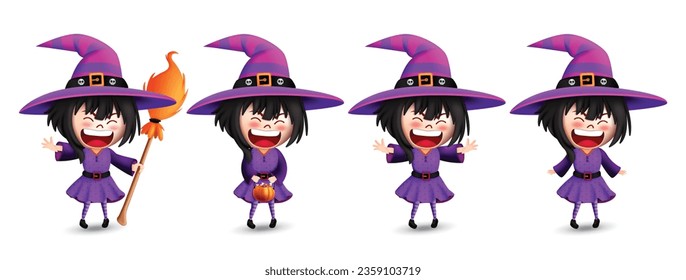 Halloween witch characters vector set design. Witch character in cute, scary, spooky and creepy sorcerer mascot collection for kids costume party celebration. Vector illustration witch girl collection