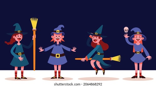 Colección de brujas de Halloween de estilo plano, fondo azul.