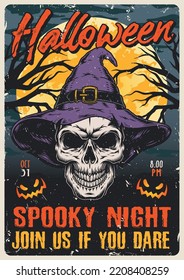 Halloween witch colorful flyer vintage skull fairy tale character in hat in front full moon in spooky night vector illustration