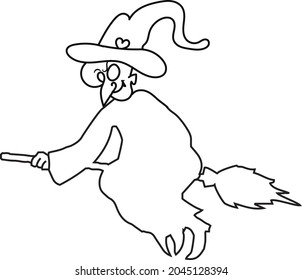 Halloween witch coloring page. Black and white vector illustration for coloring book