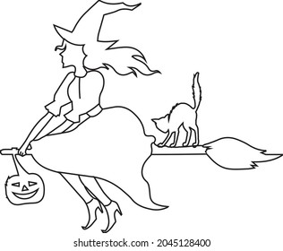 Halloween witch coloring page. Black and white vector illustration for coloring book