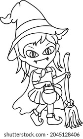 Halloween witch coloring page. Black and white vector illustration for coloring book