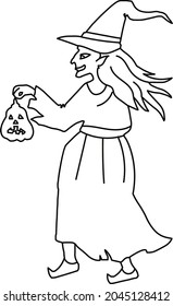 Halloween witch coloring page. Black and white vector illustration for coloring book