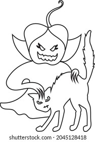 Halloween witch coloring page. Black and white vector illustration for coloring book