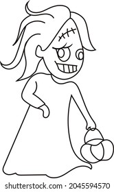 Halloween witch coloring page. Black and white vector illustration for coloring book