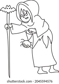 Halloween witch coloring page. Black and white vector illustration for coloring book