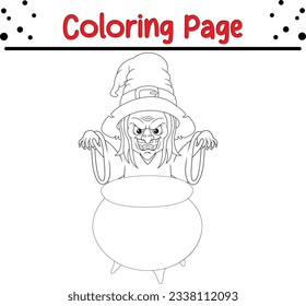 Halloween witch coloring page. Halloween Trick or Treat Black and white vector illustration for coloring book