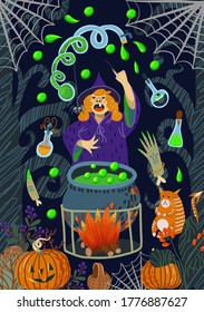 Halloween witch conjures in the forest above the potion pot. Vector cartoon flat illustration