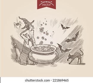 Halloween witch cooking poison black cat bat handdrawn engraving style template poster banner print web site pen pencil crosshatch hatching paper painting retro vintage vector lineart illustration.