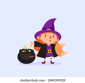 Halloween Witch cooks a magic potion in a cauldron and reads the recipe in the scroll Girl in a witch costume Funny character Isolated object for a festive design and advertising Vector illustration